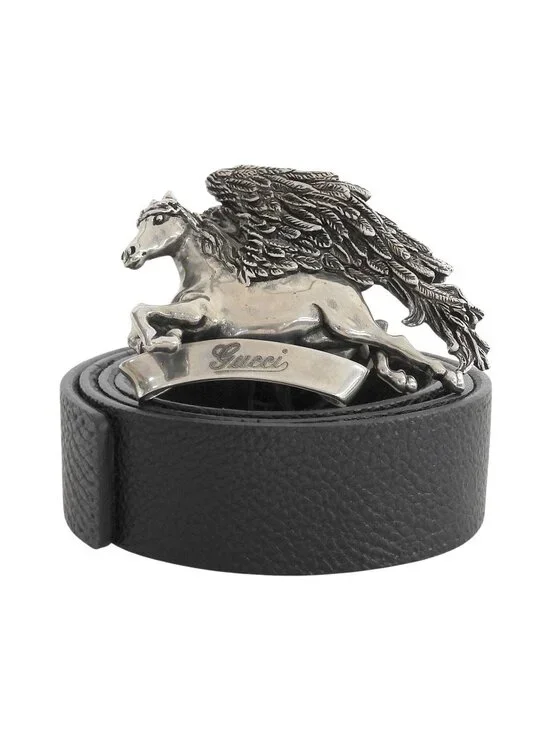 Gucci Pegasus Buckle Leather Belt Black Silver