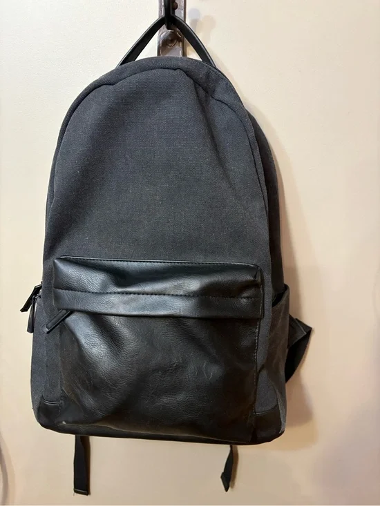 Men's Black Canvas & Faux Leather Backpack with Padded Laptop Sleeve