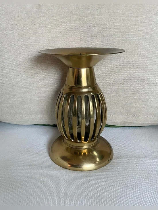 Vintage Brass Pillar Candle Holder Caged Slatted Design Hollywood Regency 6.5”