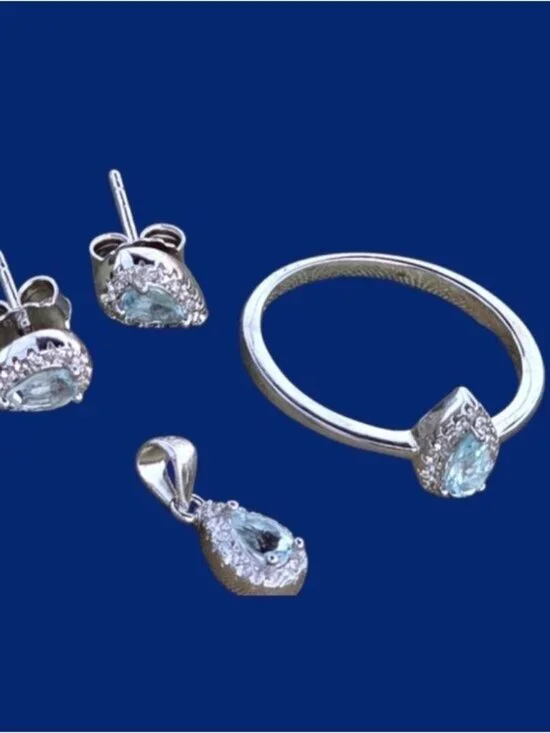 925 Sterling Silver SET (Ring, Earrings, Pendant) with Natural Aquamarine & Cz
