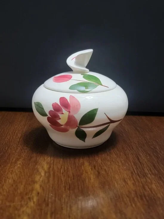 Vintage Mid Century Covered Sugar Bowl Pink Floral Green Leaf Lidded Dish