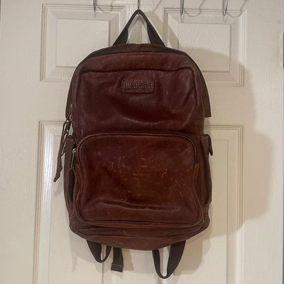 Duluth Trading Co Brown Leather Backpack Laptop Bag Plaid Lining Rugged Mens