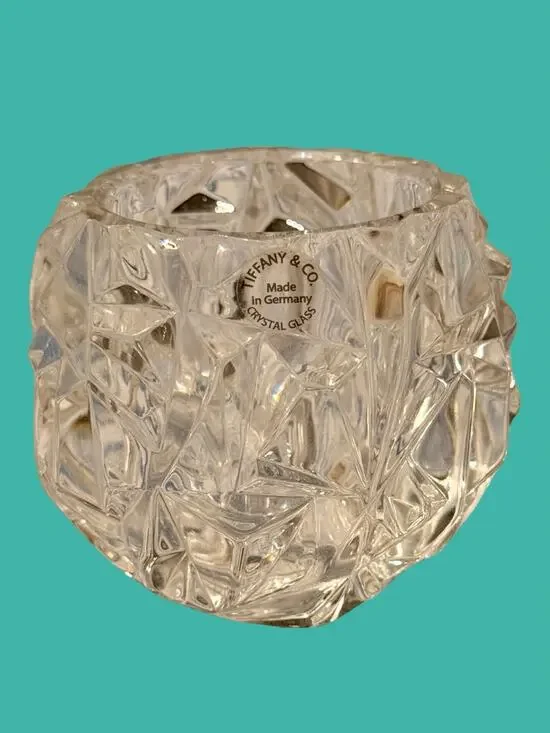 Tiffany & Co Rock Cut Crystal Votive Candle Holder Germany 3” Clear Glass
