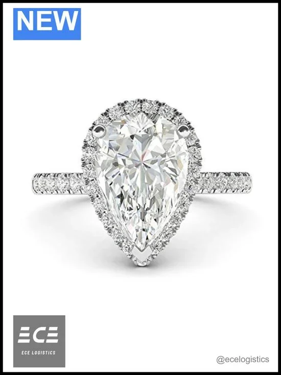 10k White Gold Simulated Pear Diamond Halo Engagement Ring with Side Stones