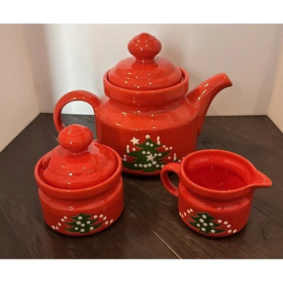 Waechtersbach Christmas Tree 5 Cup Red Ceramic Teapot Sugar Creamer Set Germany