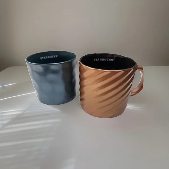 Starbucks Metallic Coffee Mugs (2), 14oz Each, Blue And Bronze