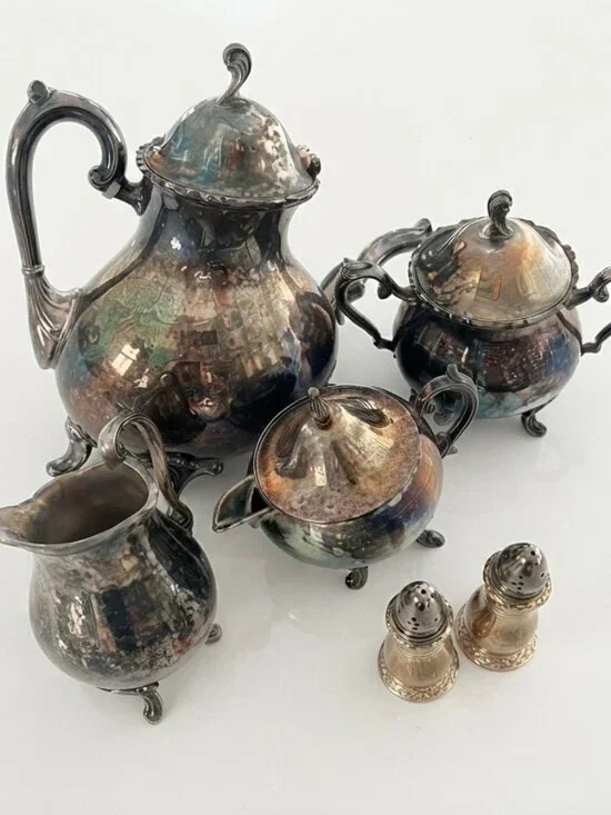 Antique Vintage Style Silver Tea Set - 5-Piece with Salt & Pepper Shakers