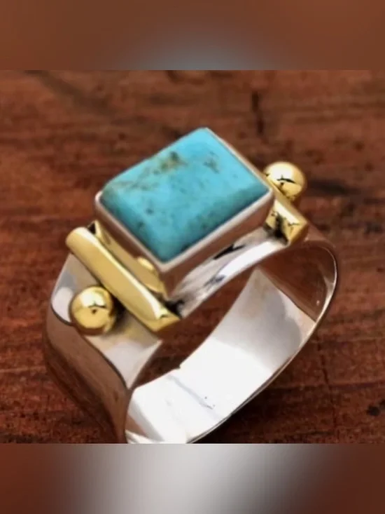 Sterling Silver & Gold Turquoise Square Ring - Blue Turquoise Size 8