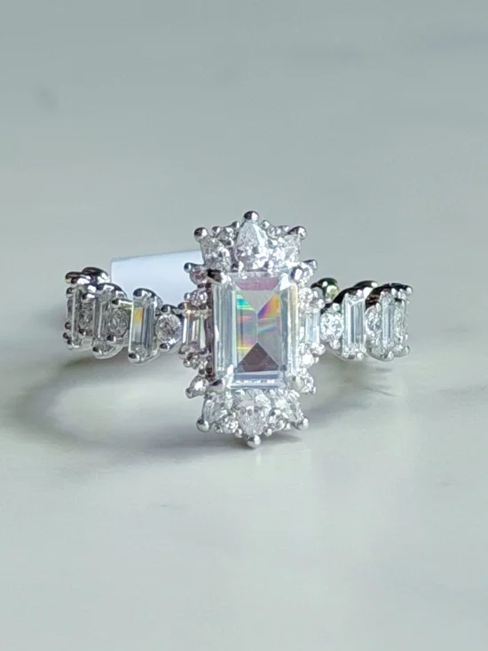 Bomb Party Emerald Cut CZ Halo Statement Eternity Ring Size 8