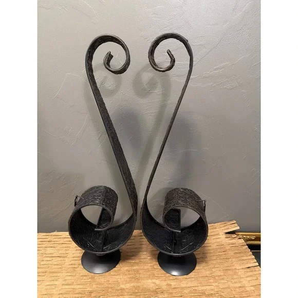Vintage Bronze Embossed Metal Wall Sconce Pair Scroll Pattern Candle Holders 20