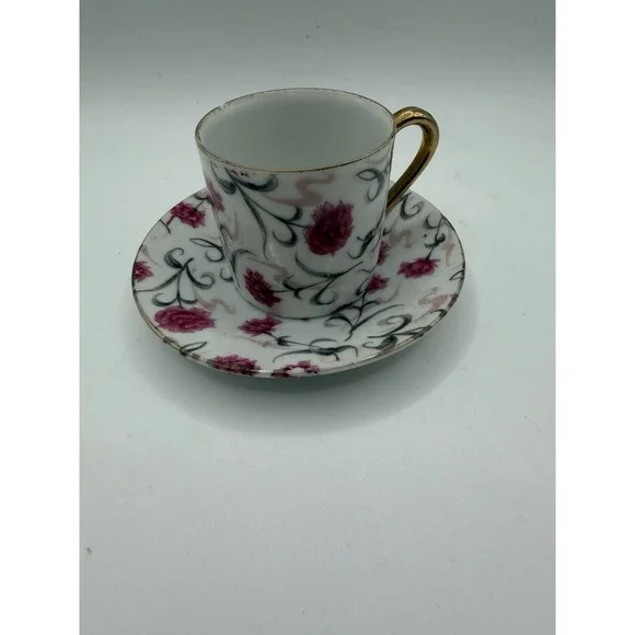 Vintage Carnation 6086 Porcelain Demitasse Cup Saucer Pink Floral Gold Trim
