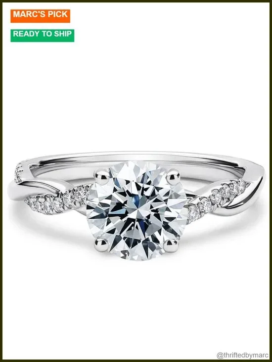 Round Cut Moissanite Engagement Ring Platinum Plated Silver