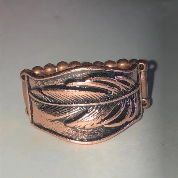 Copper Tone Feather Boho Stretchy Ring