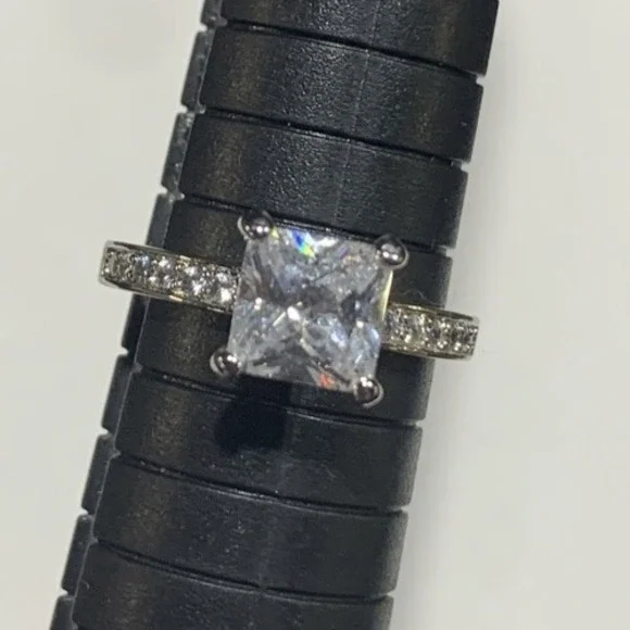 JewelScent Solitaire CZ Ring Size 7 Rhodium Plated Brass Princess Cut Accents