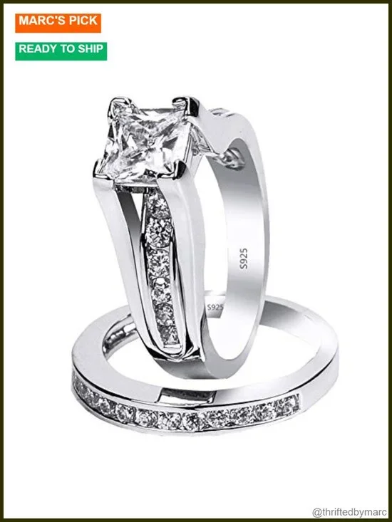 925 Sterling Silver CZ Princess Cut Solitaire Bridal Set Size 5