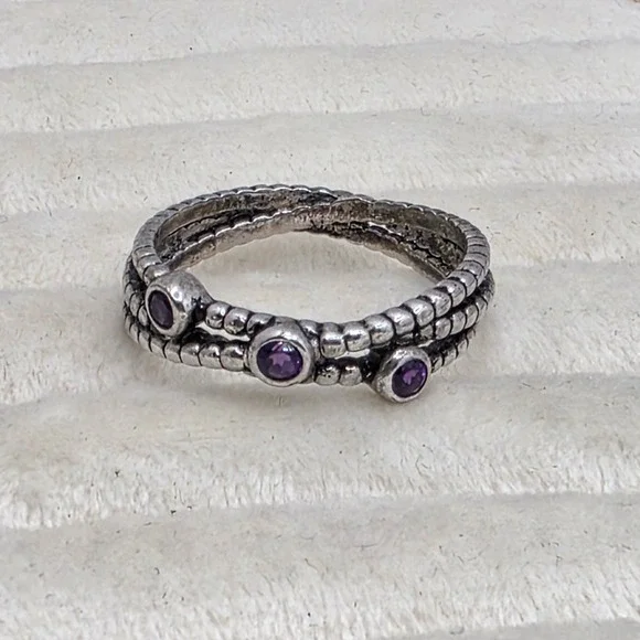 Vintage 925 Sterling Silver Purple Rhinestone Braided Triple Band Ring Size 8
