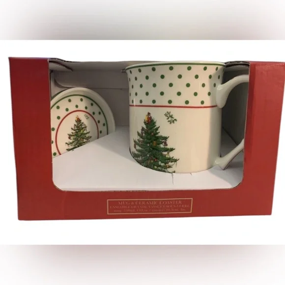 Spode Christmas Tree Mug and Coaster Set,‎ New in Box 12 oz “Price is firm”