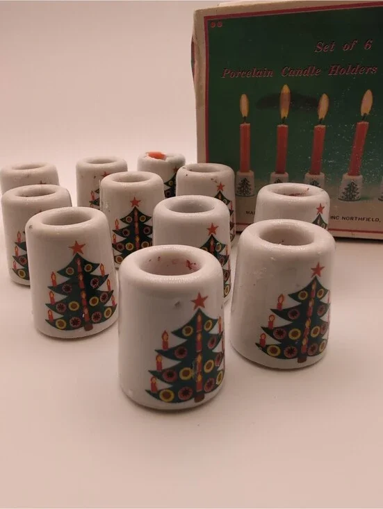 Vintage Christmas Miniature Porcelain Candle Holders Set Of 11 w/Original Box