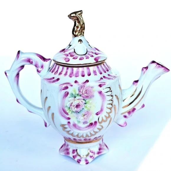 Cracker Barrel Porcelain Miniature Teapot Floral Rose Purple‎ Gold Trim Decor