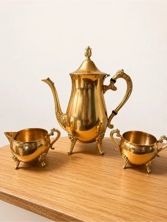 Antique Brass Coffee & Tea Set in Polished Gold Tone
