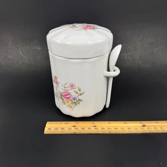 1Vtg 80s FTDA White Ceramic Floral Canister Jar w Lid Spoon Holder Tabletop READ