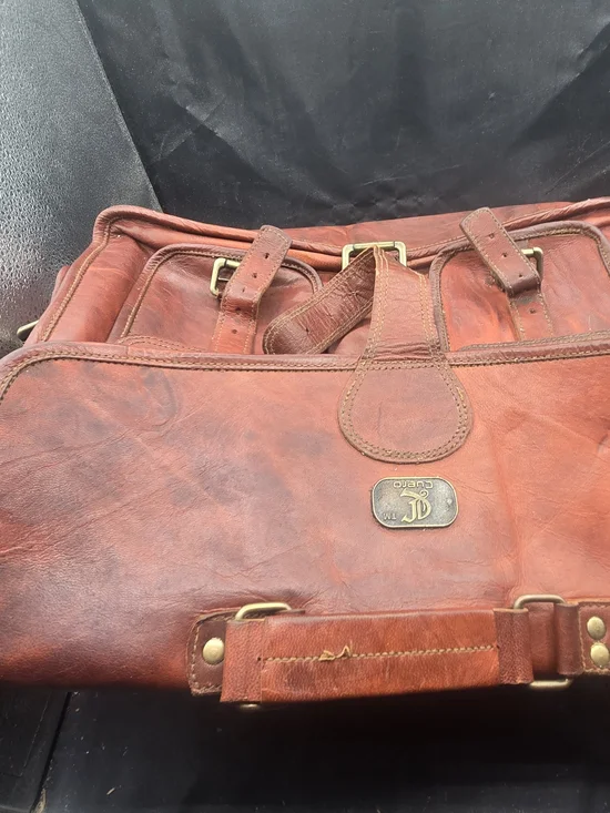 Vintage-Style Brown Leather Briefcase with Brass Hardware