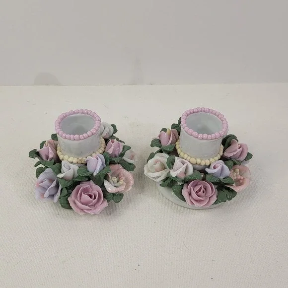 Vintage Porcelain Rose Floral Candle Holder Set Pastel Pink Lavender 2pc