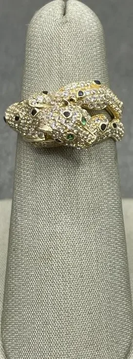 14K Yellow Gold Leopard Ring W/ Green Eyes W/ White Stones, Black spots (22072)