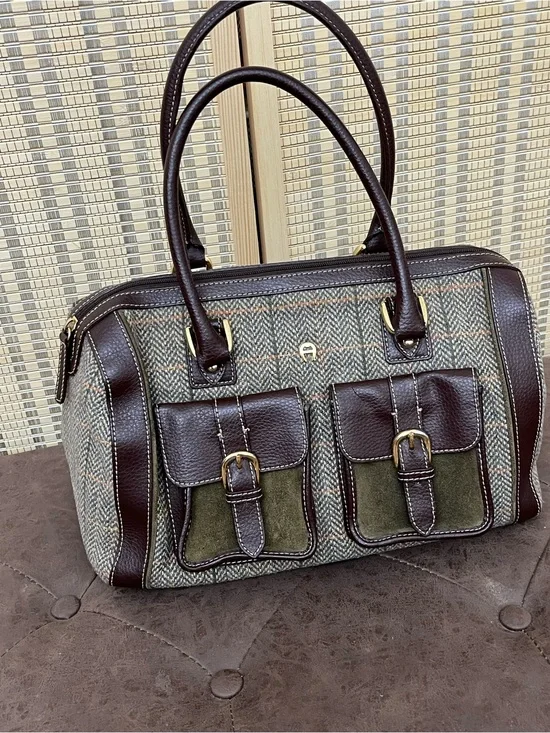 Etienne Aigner Brown Leather & Olive Tweed Satchel