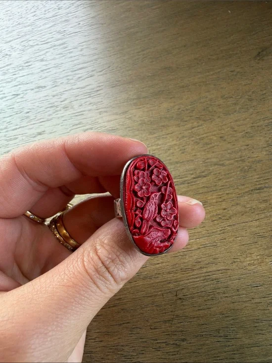 Red Cinnebar Bird and Floral ring size 7 in Sterling Silver - Women Jewelry