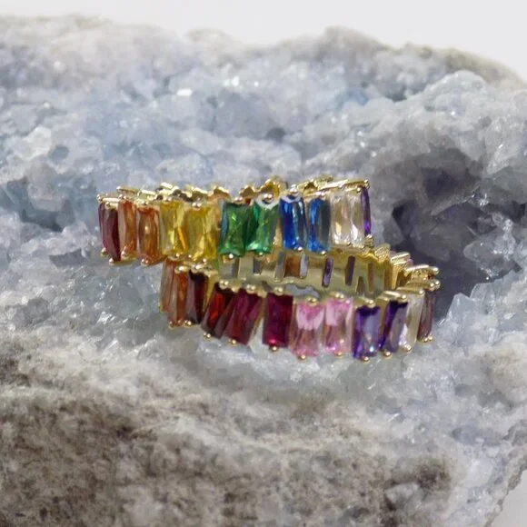new chunky baguette ring eternity band emerald cut gemstones rainbow multi color