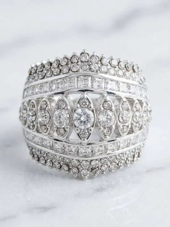 STUNNING Silver-Plated Multi-Row CZ Statement Ring Size 9 | Glamorous Bling 💎✨