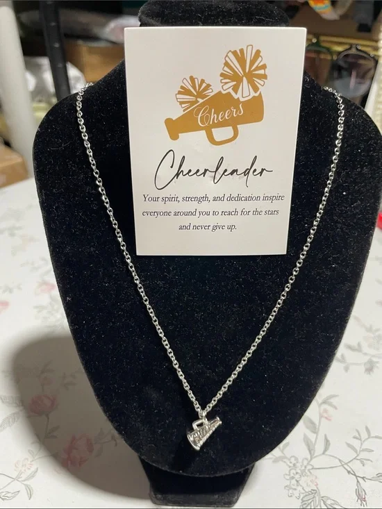 Cheerleader Silver Megaphone Necklace, Card and Dust Bag Set