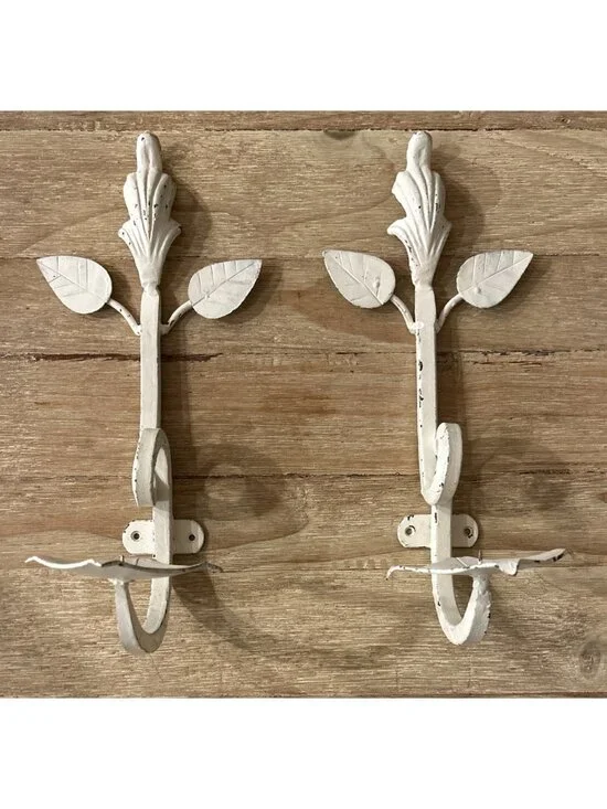Cast Iron Wall Sconce Candle Holders Set Of 2 Shabby Cottage Ivory Painted VTG