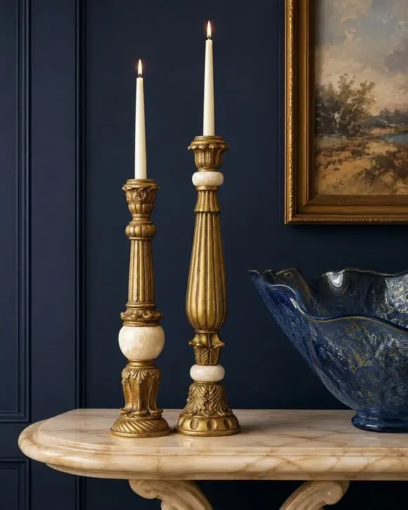 Vintage Stone & Gilt Resin Candlestick Set French Country Decor