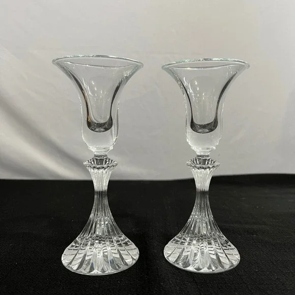 Vintage Clear Fluted Glass Taper Candlestick Holders Set of 2 Trumpet Base 7.25
