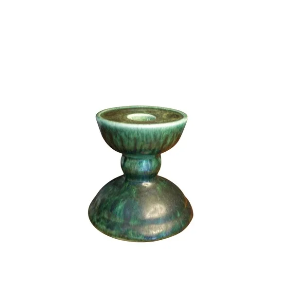 Vintage Gail Pittman Pottery Candle Holder‎ Green Drip Glaze Signed 1982