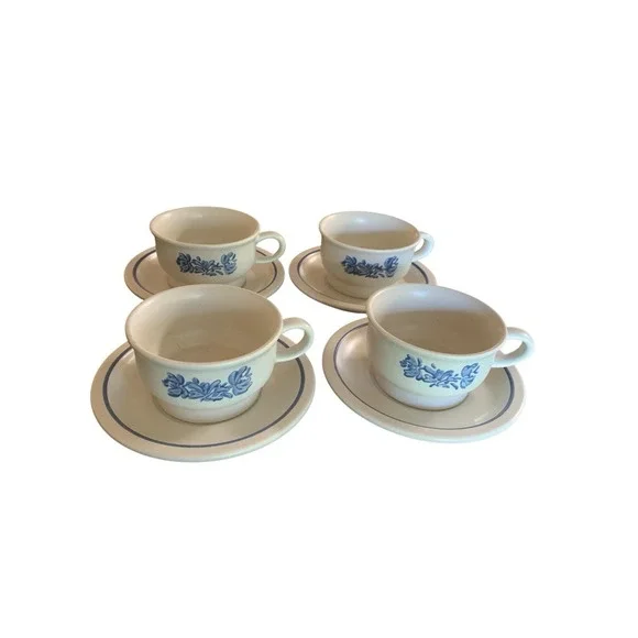 Pfaltzgraff Yorktowne Blue Stoneware Set 4 Tea Cups and Saucers Vintage