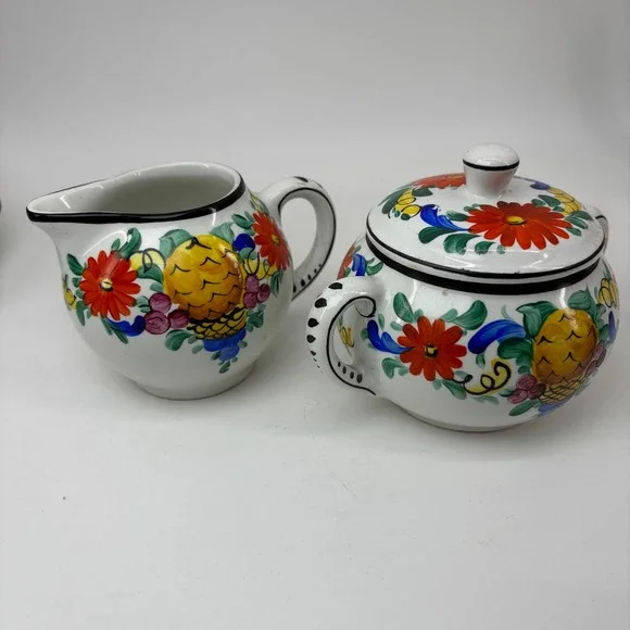 Vtg #1796 De Luxe H. & N. Germany Hand Painted Ceramic Creamer Sugar Majolica