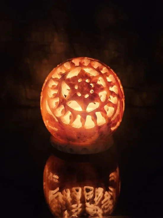 Handcrafted Carved Soapstone Tealight Holder With Floral Cutouts