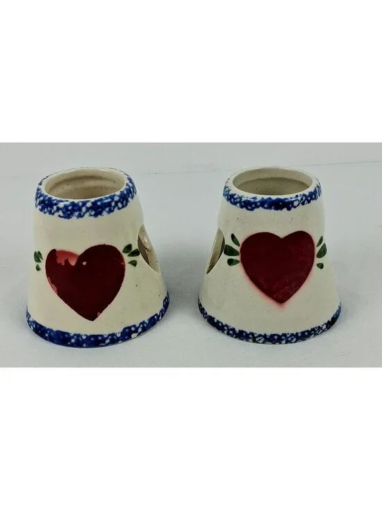 Pair Of Ceramic Heart Jar Candle Toppers Sponge Blue Trim with Red Heart Detail