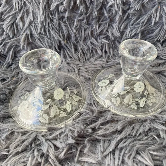 (2) Avon Crystal Etched Hummingbird Candlesticks.