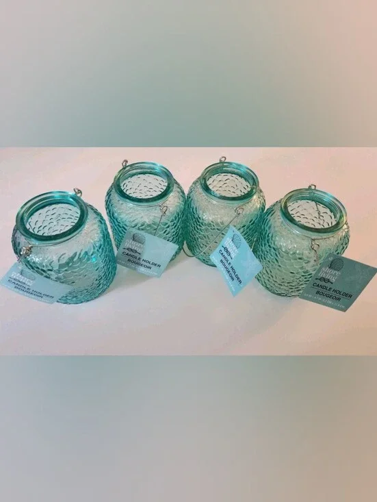 Set of 4 Aqua Textured Glass Candle Holders with Metal Hangers
