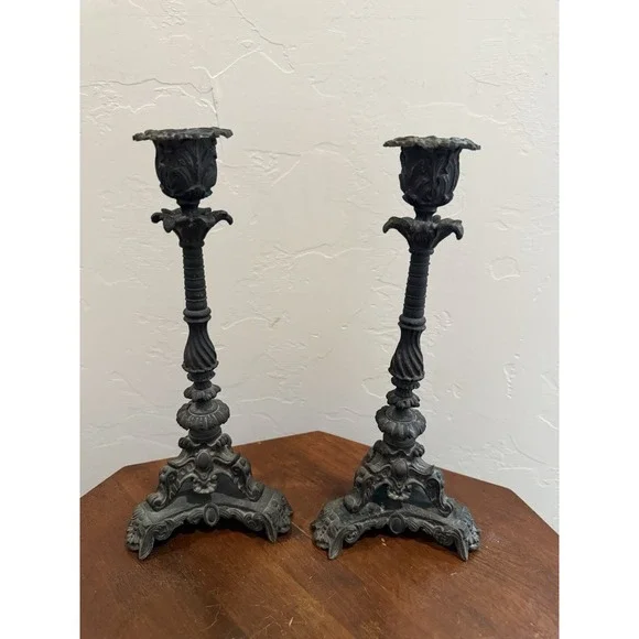Antique Pair of Brass Baroque Rococo Revival Ornate Candlestick Holders 9