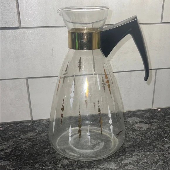 Vintage Pyrex Glass Coffee Carafe with Black Handle and Gold Accents