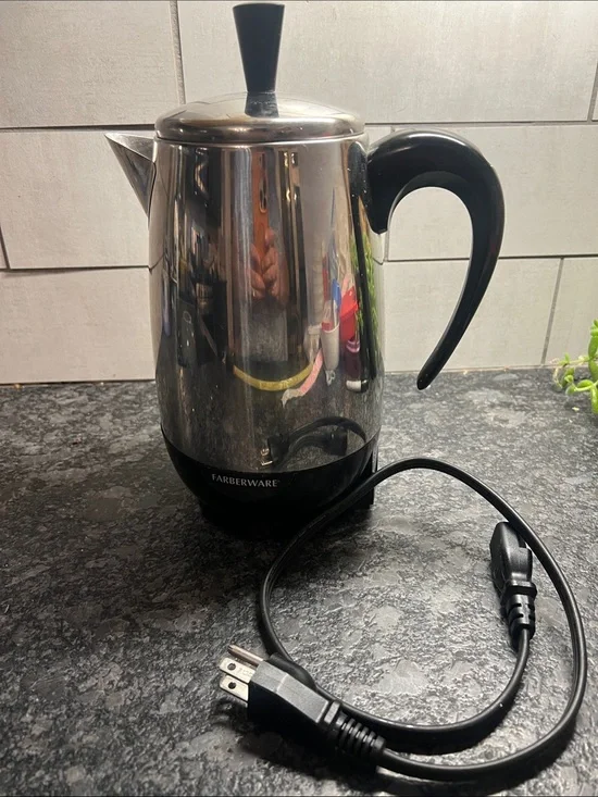 8 cup Farberware Stainless Steel Electric Percolator with Black Handle.