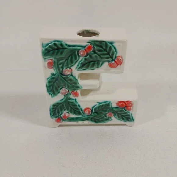 Vtg NOEL Letters Candle‎ Holder White Ceramic Raised Holly/Berries Replacement E