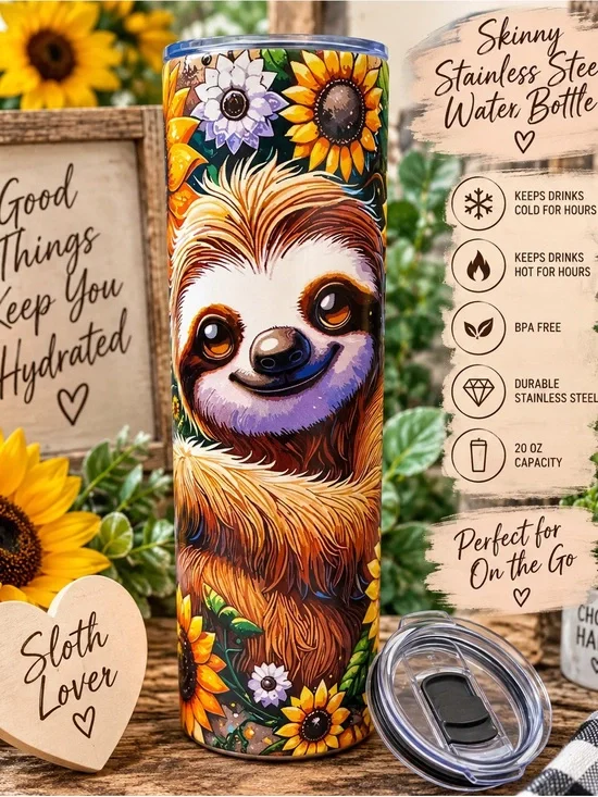 Sunflower Sloth Skinny Stainless Steel Tumbler - Colorful Floral Art