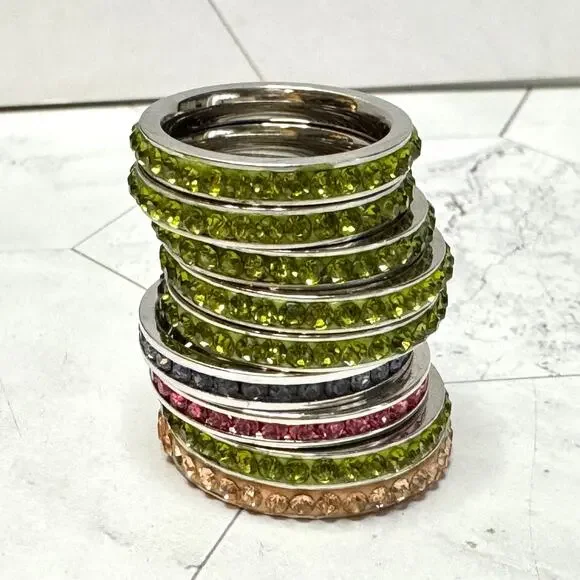Lot of 9 Crystal Eternity Bands Green Lavender Pink Stacking Channel Set Various