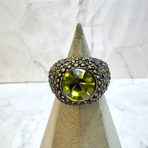 Large Green Rhinestone Cocktail Ring Pavé Purple & Green Gunmetal Size 6.5-8